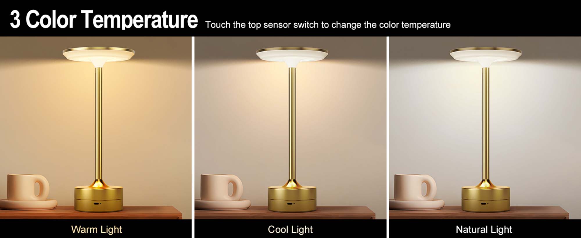 Modern Dimmable Touch LED Table Lamp – 3 Light Modes, USB-C Rechargeable, 2000mAh Battery – Warm/Cool/Mixed White – Sleek Aluminum Design for Bedroom, Office & More