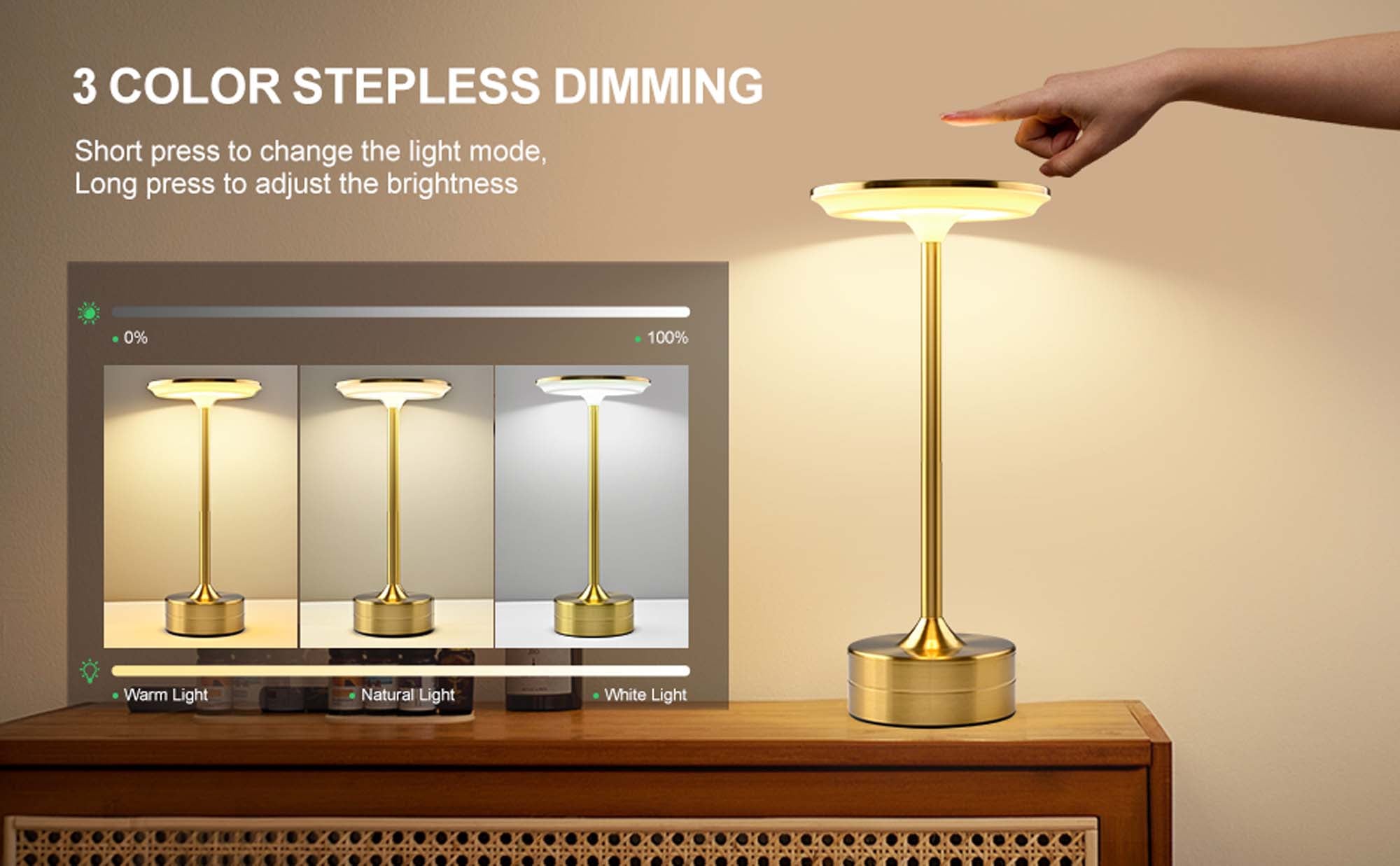Modern Dimmable Touch LED Table Lamp – 3 Light Modes, USB-C Rechargeable, 2000mAh Battery – Warm/Cool/Mixed White – Sleek Aluminum Design for Bedroom, Office & More