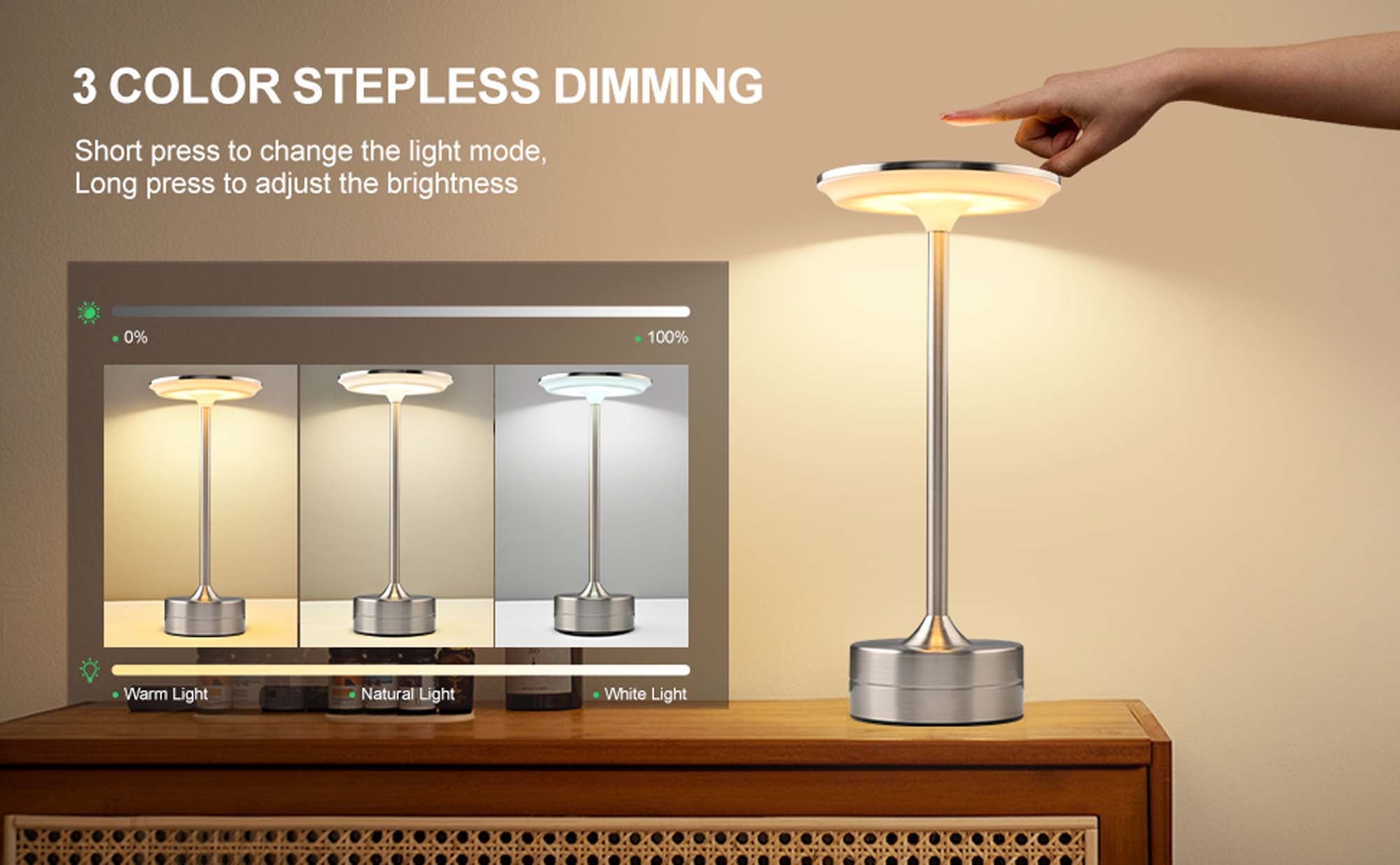 Modern Dimmable Touch LED Table Lamp – 3 Light Modes, USB-C Rechargeable, 2000mAh Battery – Warm/Cool/Mixed White – Sleek Aluminum Design for Bedroom, Office & More