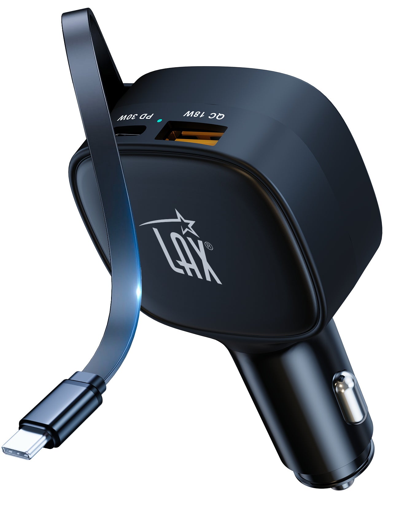 USB 84W 3-Port Car Charger with built-in retractable USB-C cable (33W+33W+18W)
