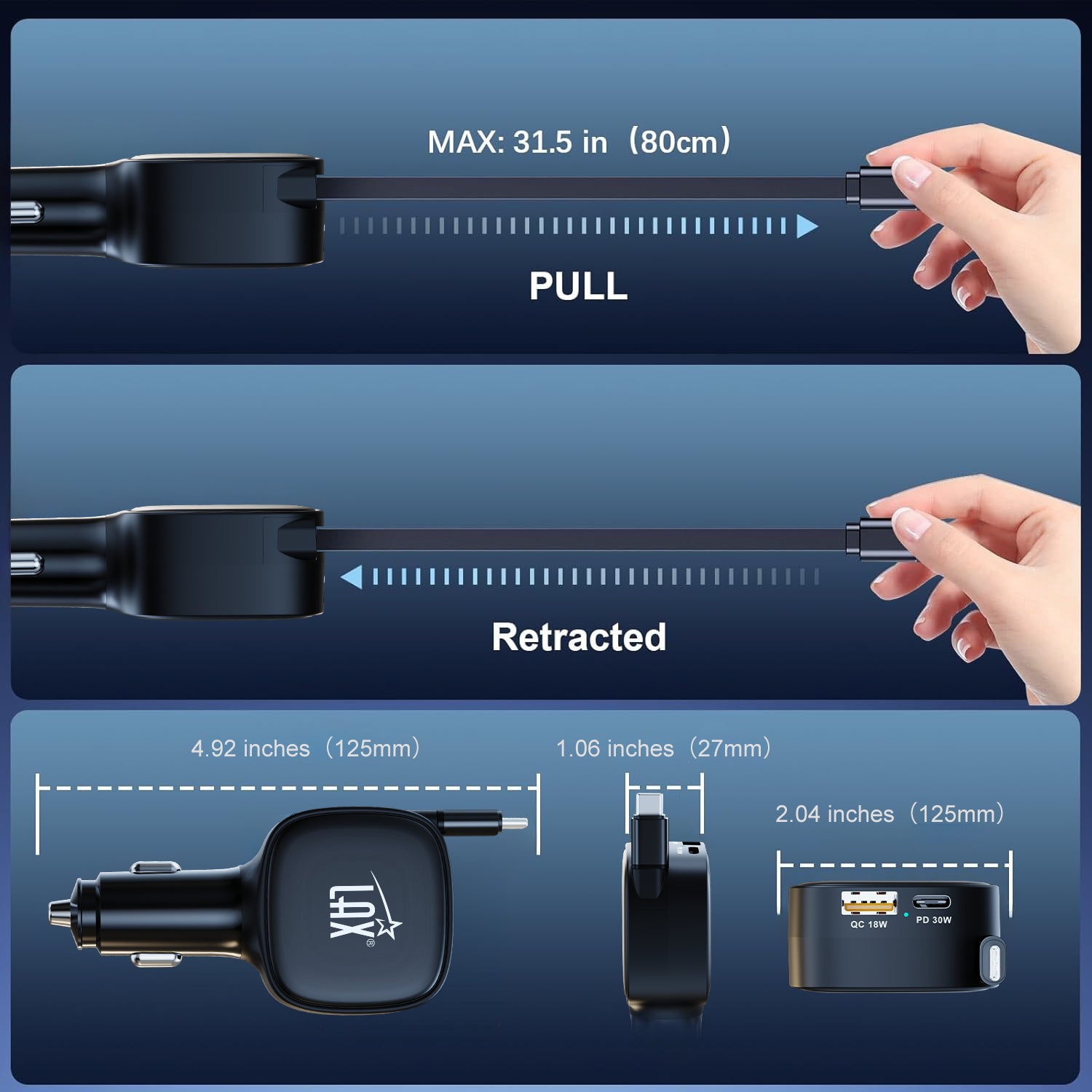 USB 84W 3-Port Car Charger with built-in retractable USB-C cable (33W+33W+18W)