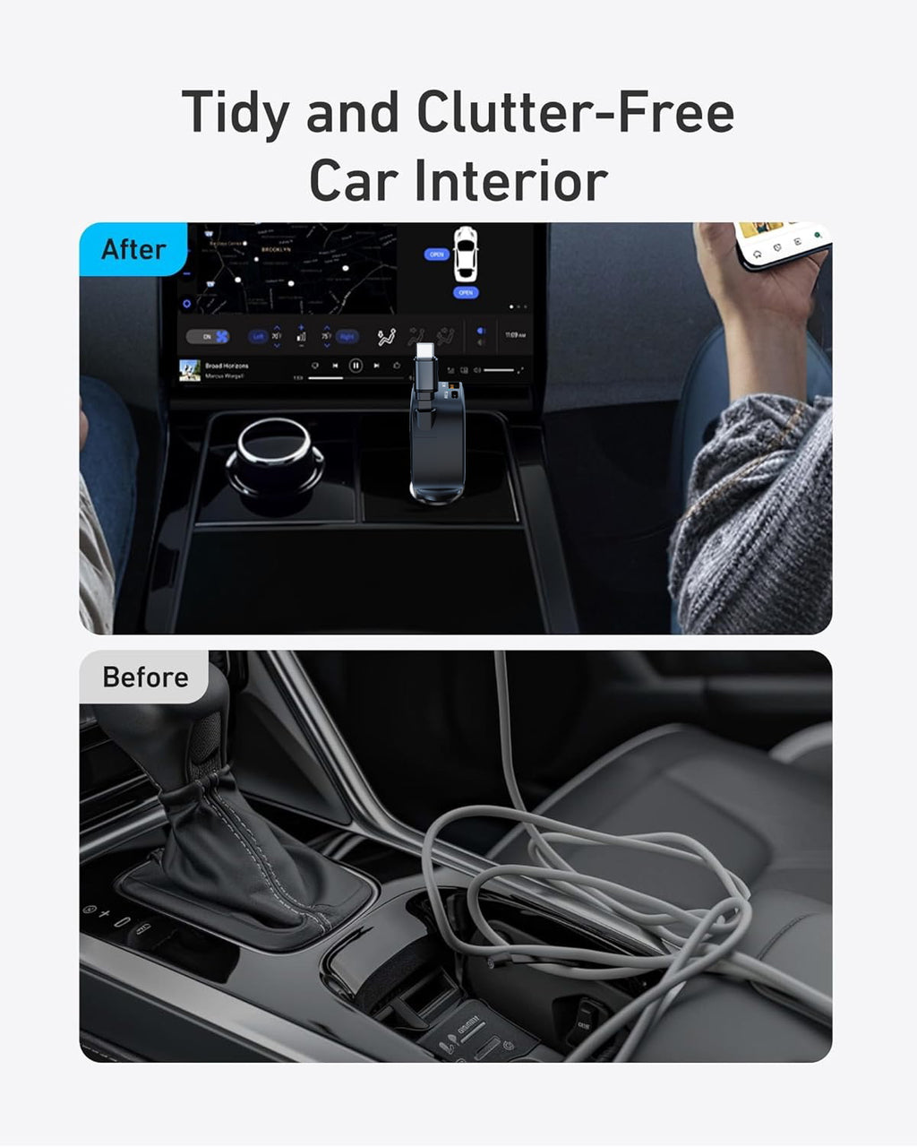 USB 84W 3-Port Car Charger with built-in retractable USB-C cable (33W+33W+18W)
