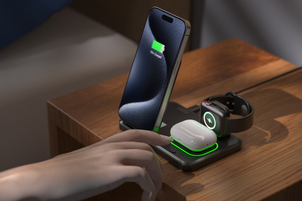LAX Flat Folding 3-in-1 Wireless Charger with Pop Out Watch Charging Stand for iPhone, Android & Airpods