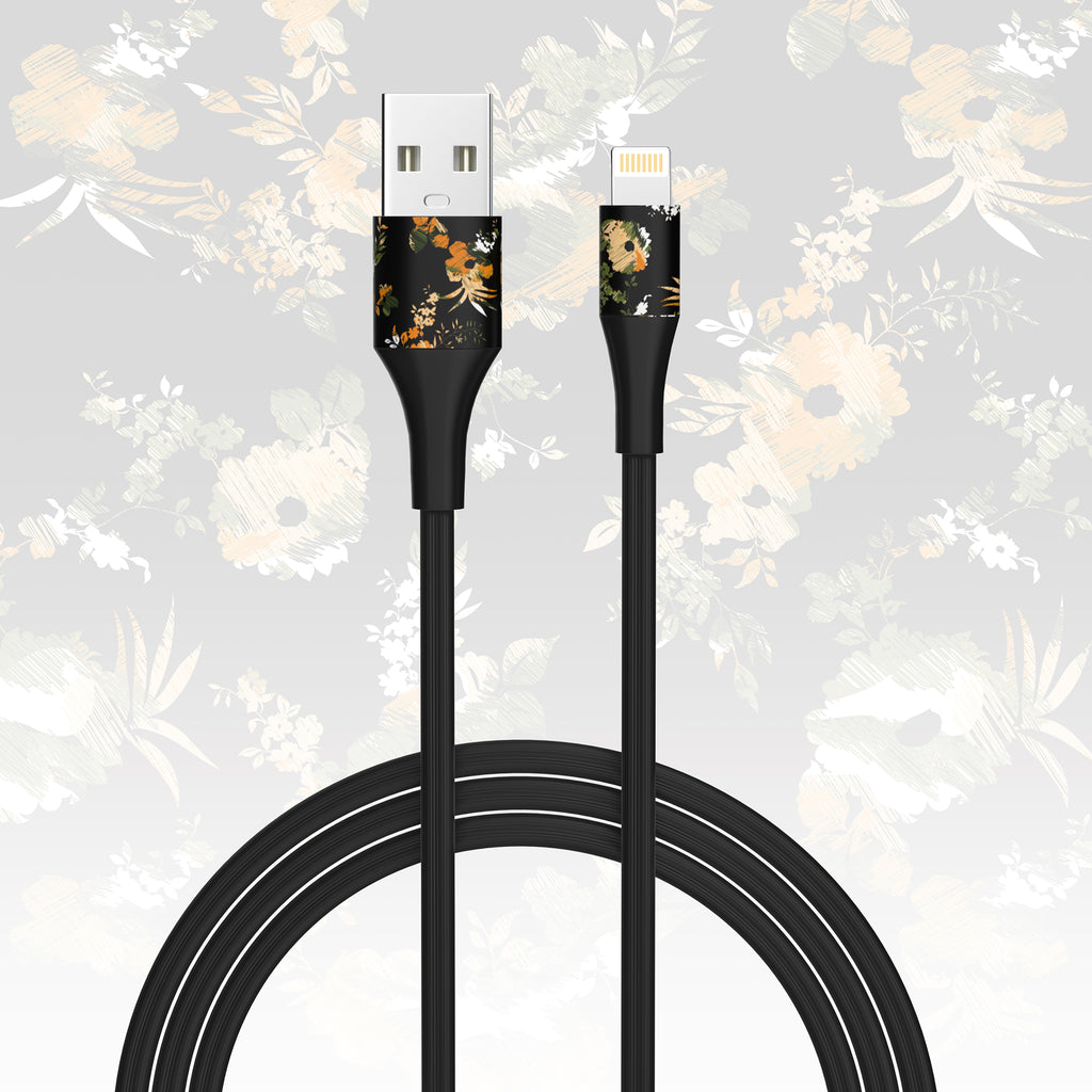 2-Pack Apple MFi Certified Braided Nylon USB to Iphone Cable - 4 Feet - Floral Marigold & Gold-Black Flowers