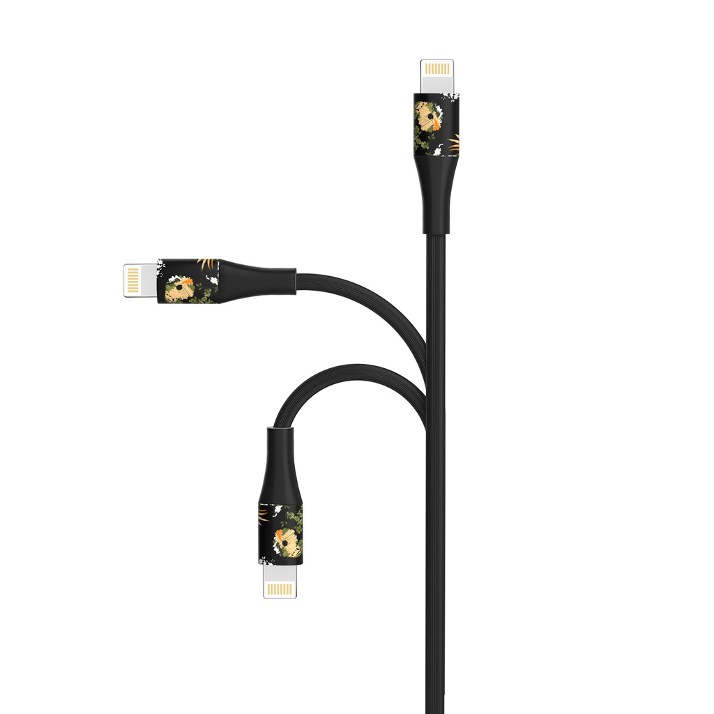 2-Pack Apple MFi Certified Braided Nylon USB to Iphone Cable - 4 Feet - Floral Marigold & Gold-Black Flowers