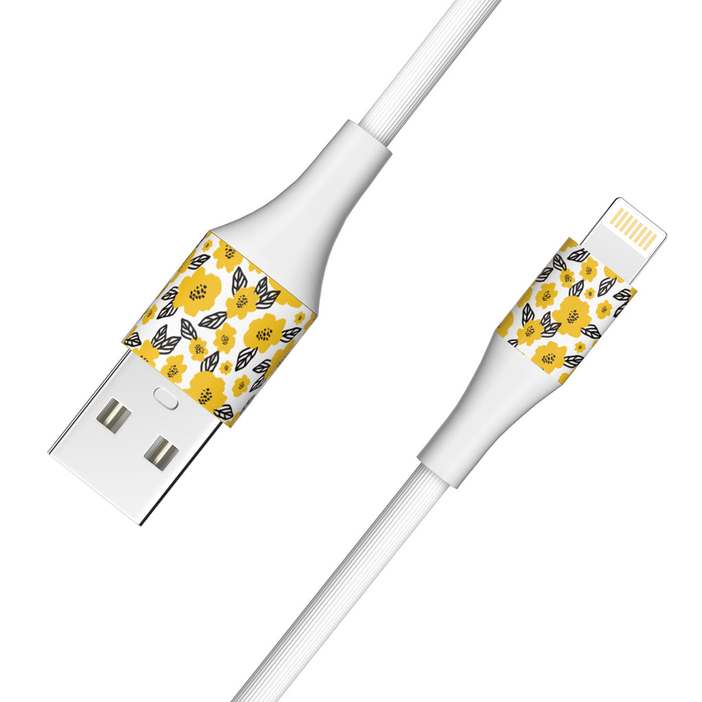2-Pack Apple MFi Certified Braided Nylon USB to Iphone Cable - 4 Feet - Floral Marigold & Gold-Black Flowers
