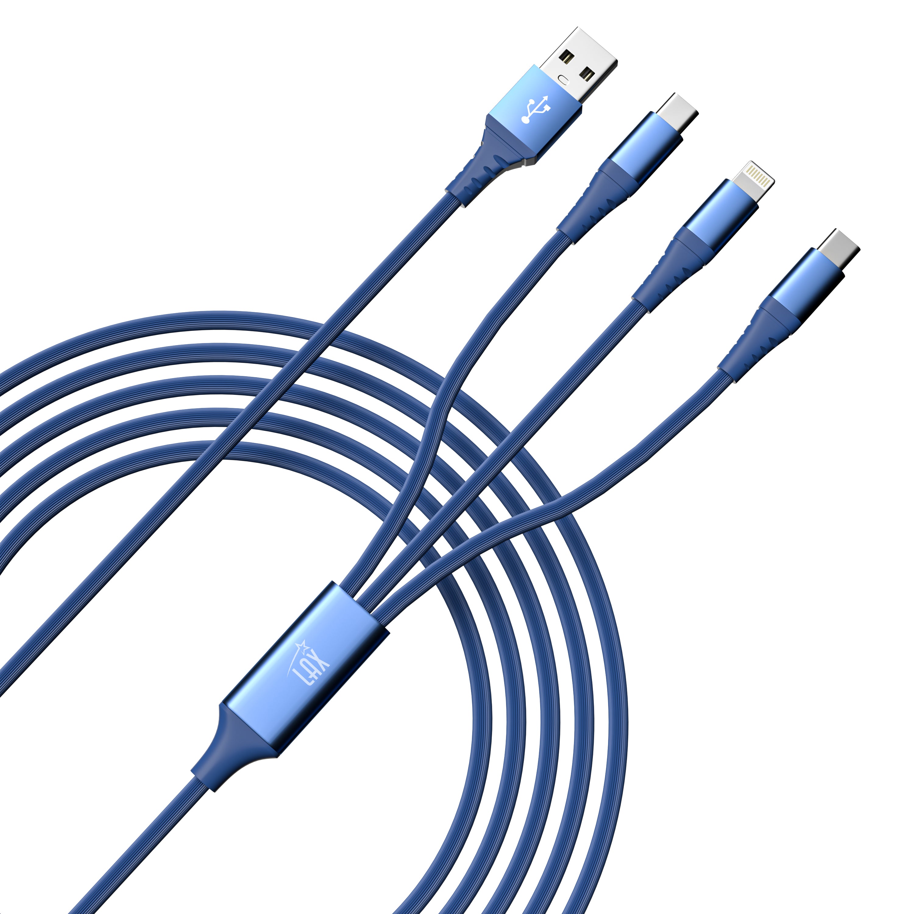 LAX 3-in-1 Apple Mfi Ceritifed Iphone and 2x USB-C Cable - 6ft - Dusty Blue