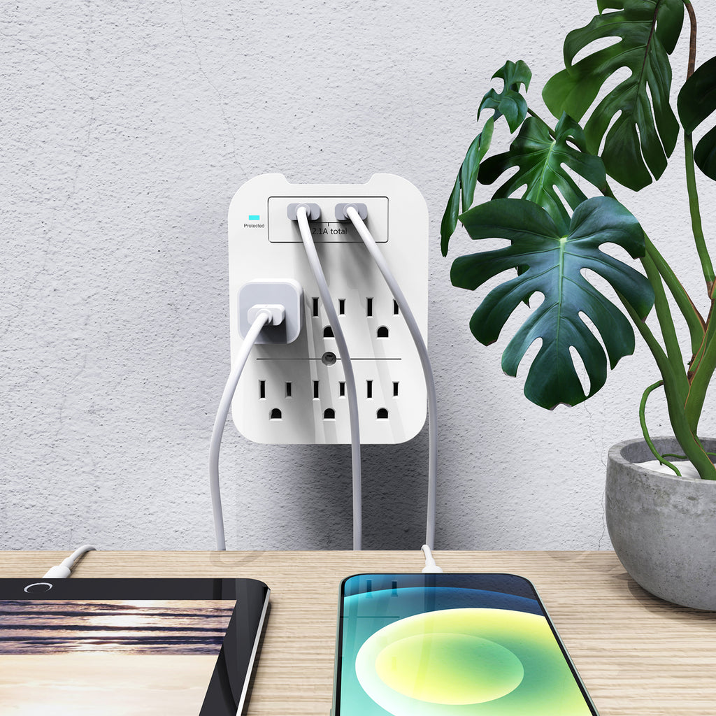 2-Pack Surge Protector 6 Wall Outlets and 2 USB Ports - Black & White