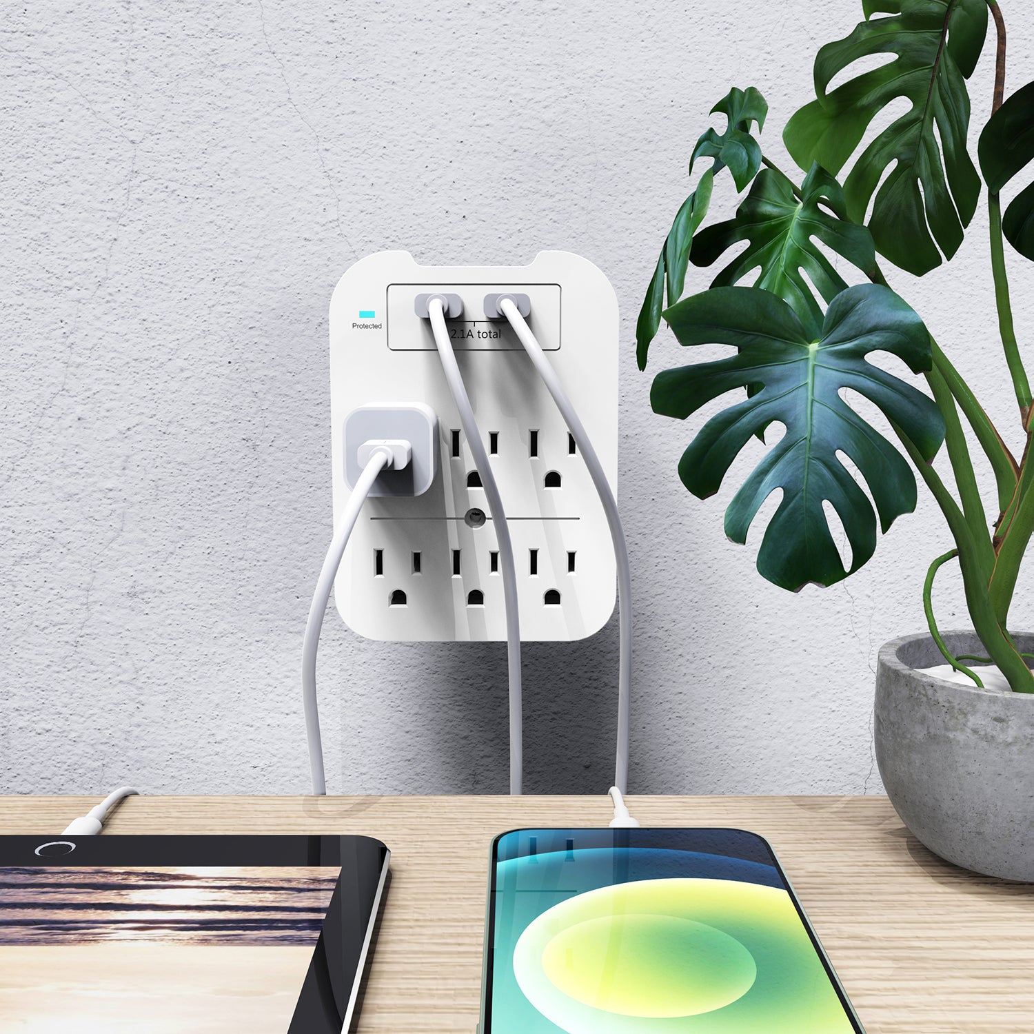 2-Pack Surge Protector 6 Wall Outlets and 2 USB Ports - Black & White
