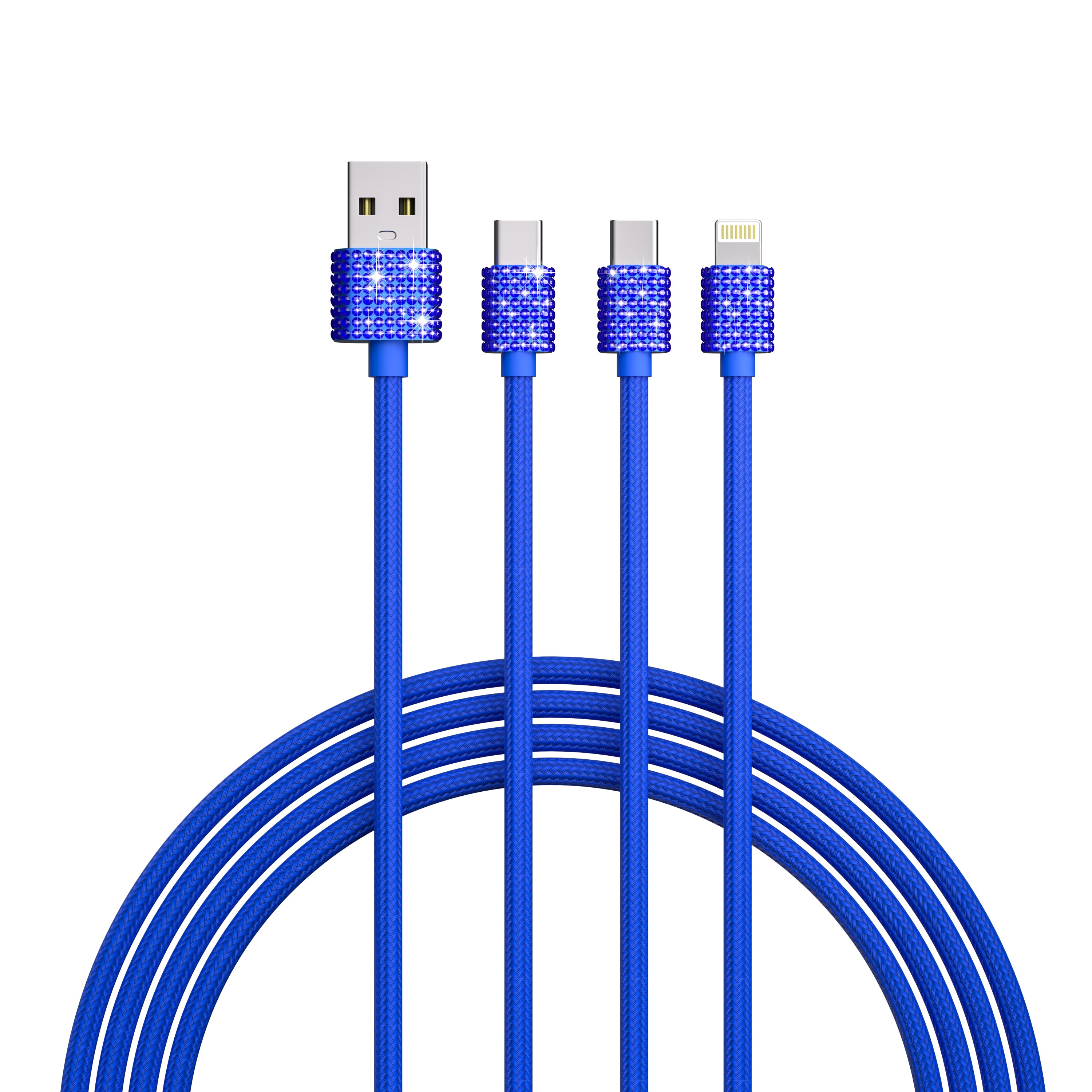 3 in 1 Fast Bling Charging Cable 1x Iphone 2x USB-C Various Attractive color