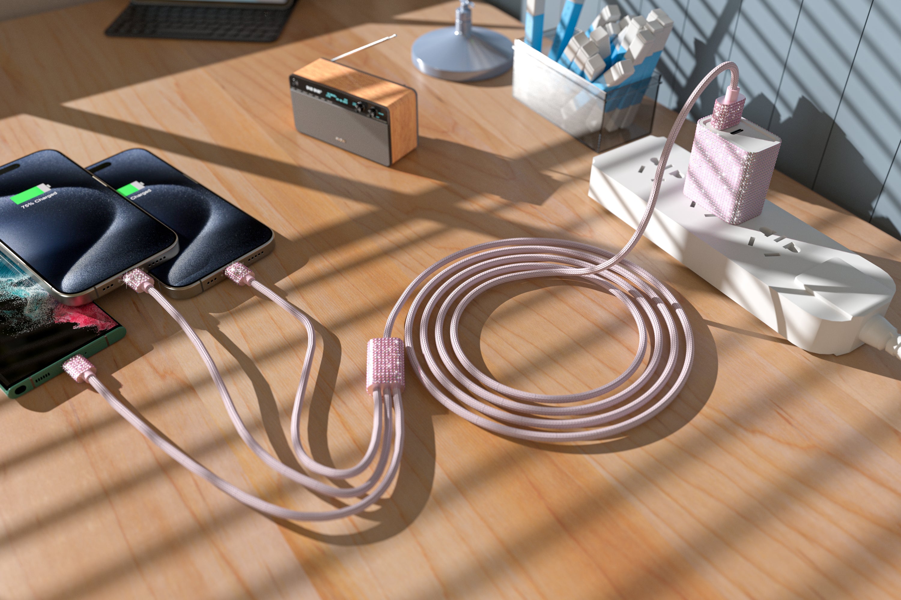 3 in 1 Fast Bling Charging Cable 1x Iphone 2x USB-C Various Attractive color