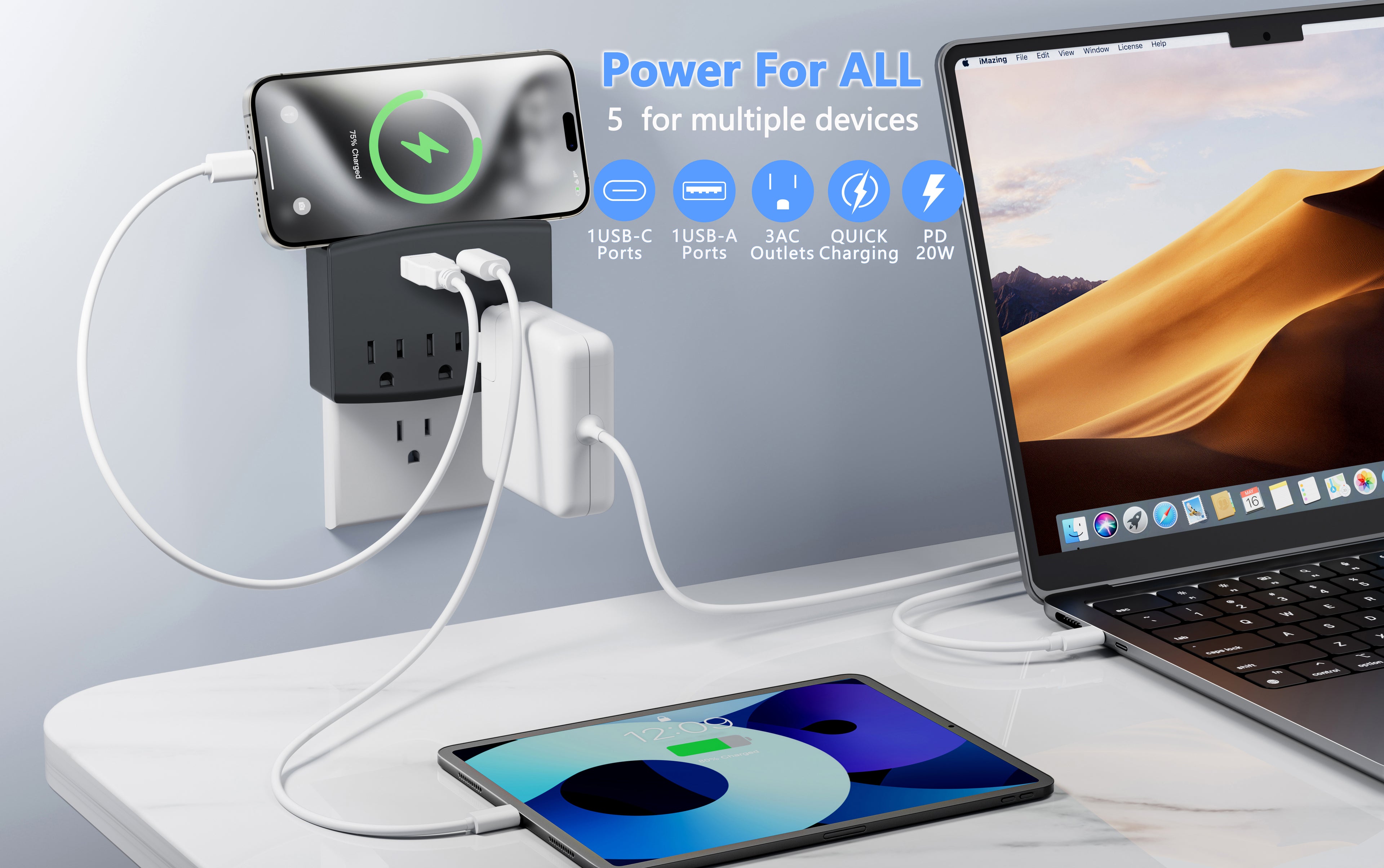 Charging Outlet with Shelf – 3 AC, 1xUSB-C & 1xUSB-A Ports