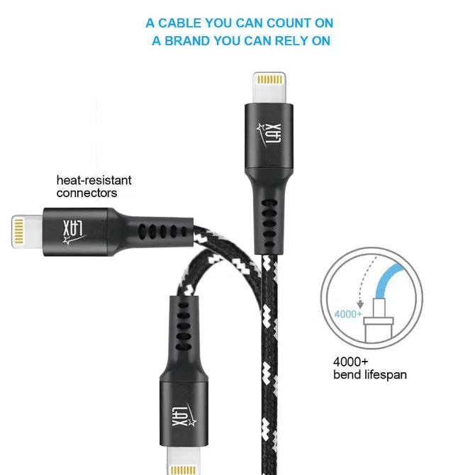 Apple MFi Certified Iphone Cable 10 Ft-Black with Stripes