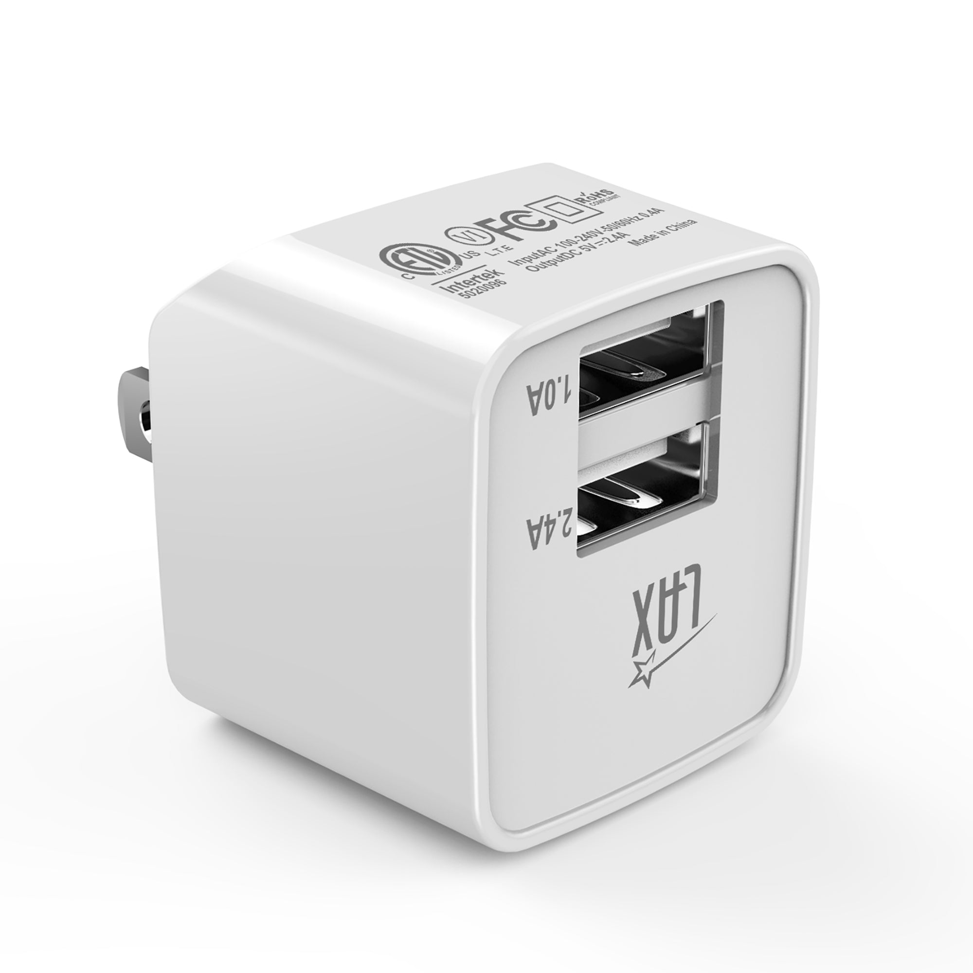 LAX 2 Port USB Wall Charger 2.4A with Apple MFi Certified Iphone Cable (6ft)