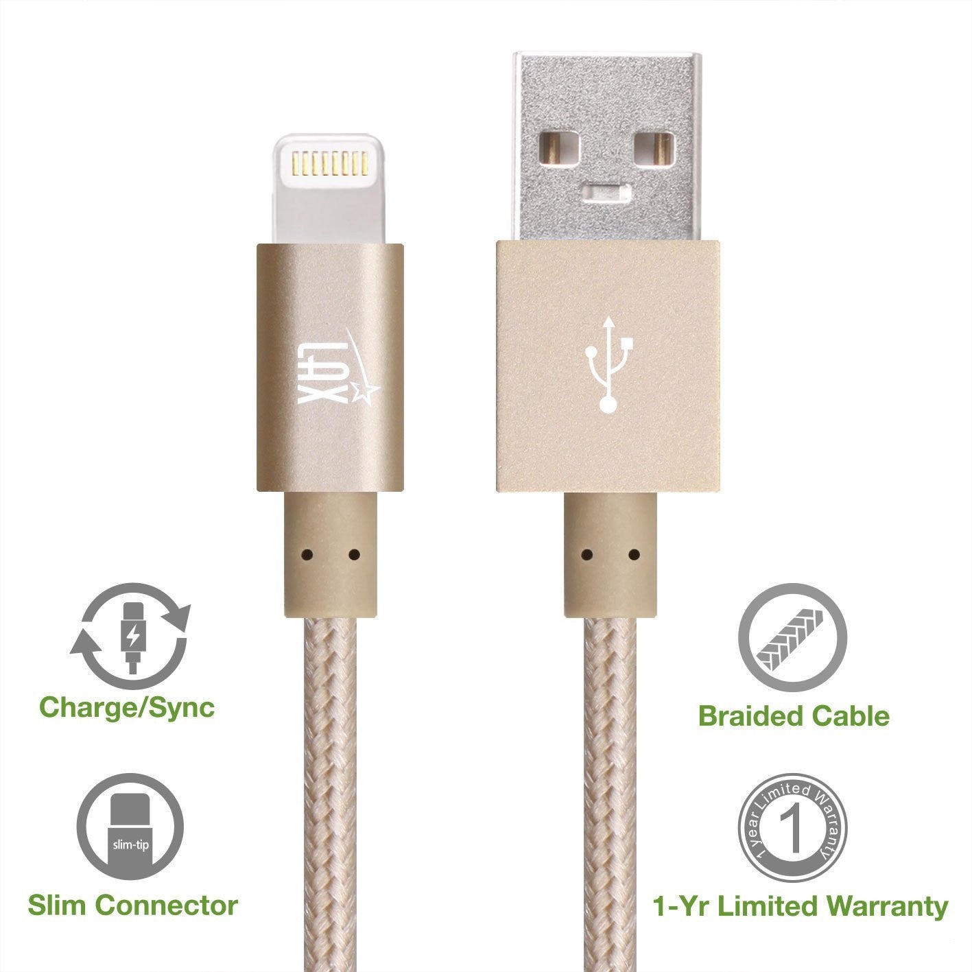 [2 Pack] LAX 10ft Long Apple MFi Certified iPhone Charger - Durable Braided Iphone Cord for iPhone 6s / 6s Plus / 6 / 6 Plus / 5s / 5c / 5 / iPad Air 2 / Air / Mini 4 / 3 / 2 / Pro / (Gold)