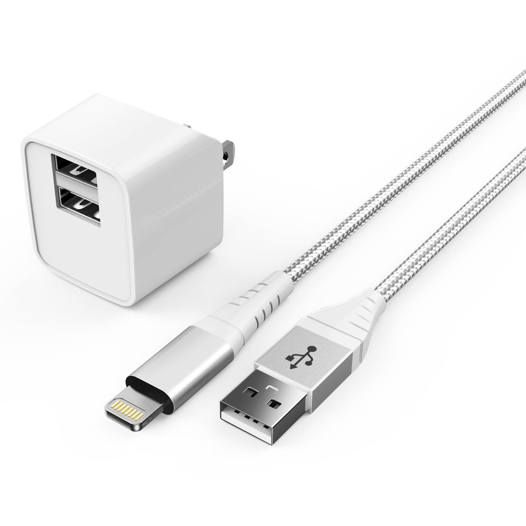 LAX 2 Port USB Wall Charger 2.4A with Apple MFi Certified Iphone Cable (6ft)