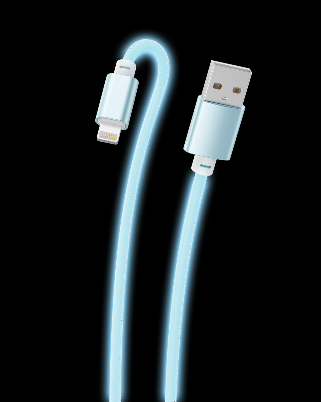 7200mAh Black Iphone input Power Bank with 2 Glow in the Dark Apple MFi Certified USB to Iphone Cable (10 Feet) - White & Blue