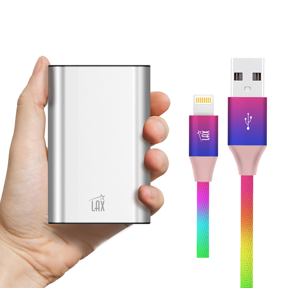 LAX 8000mAh Dual USB Power Bank  with Apple MFi Certified Iphone to USB Cable (10 Feet) - Rainbow