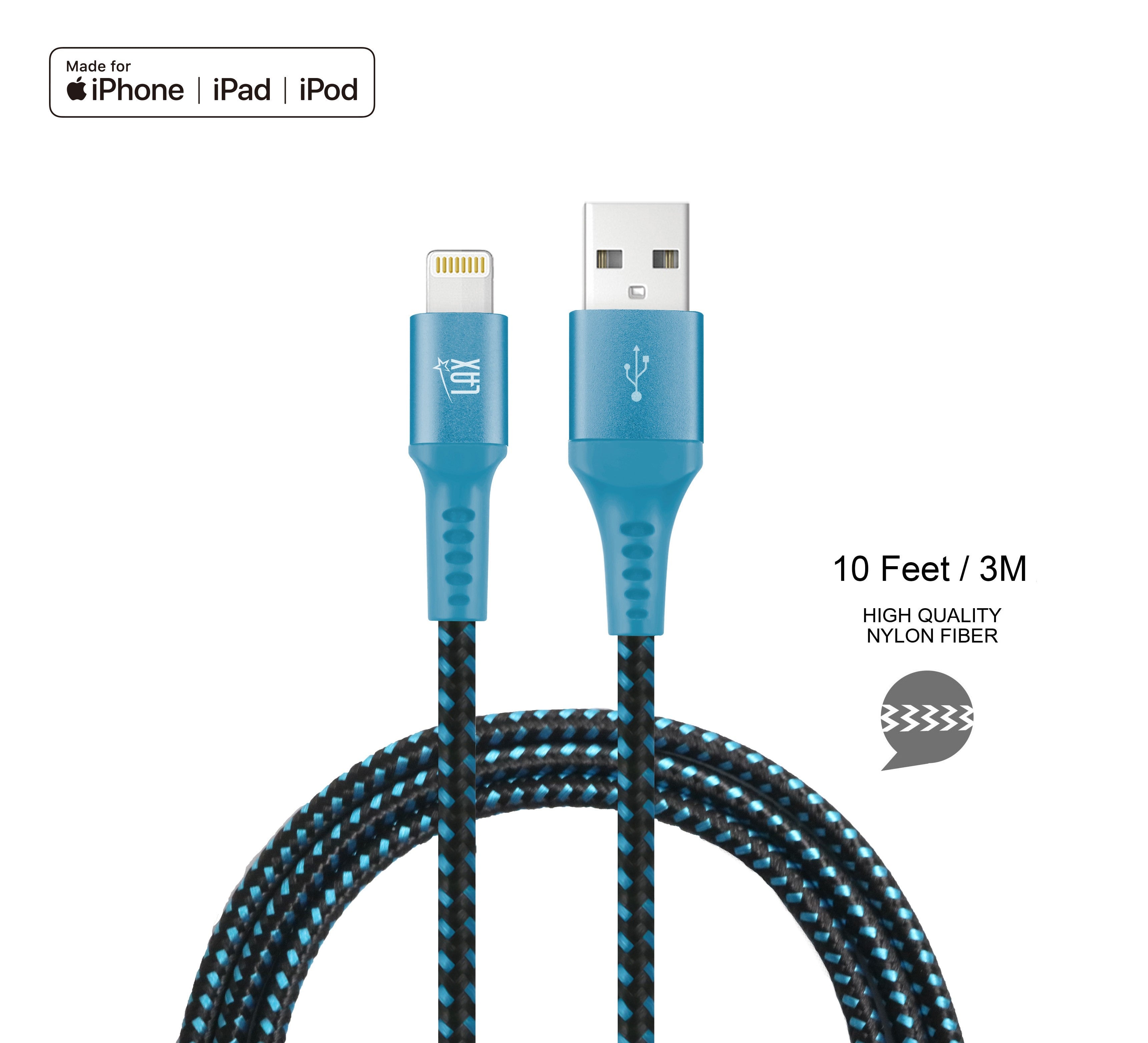 12000mAh Power Bank with Iphone Input Black with  LAX Apple MFi Certified Iphone to USB Cable (10 Feet) - Aqua