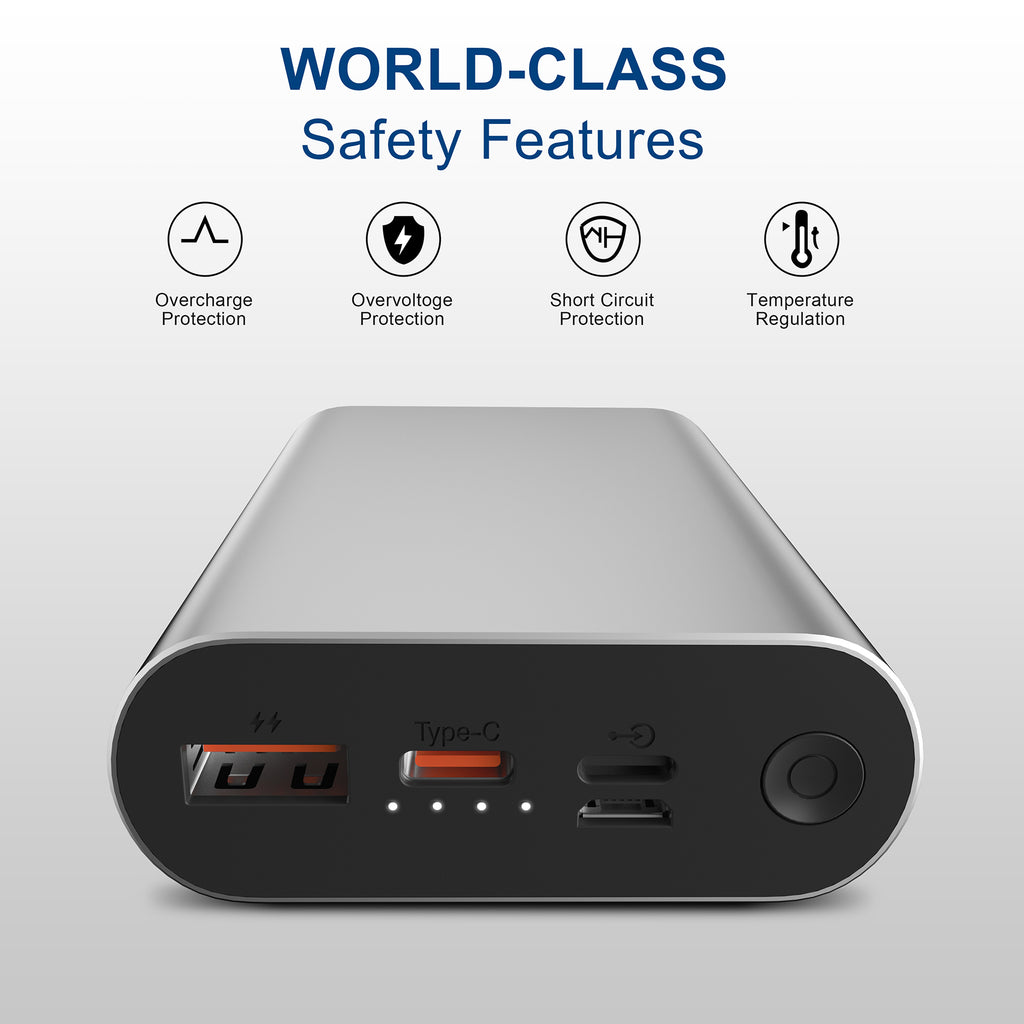 LAX Portable  22.5W Fast Charging Power Bank - 12,000 mAh Aluminum Battery Pack, USB and Type-C Input/Output Power Bank