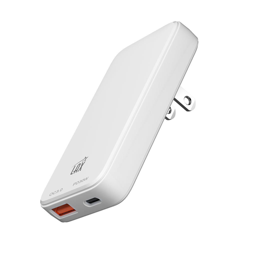 LAX USB C 30W Charger - Thin Flat Dual Port Fast Wall Charger - USB Port for iPhone 14/14 Pro/14 Pro Max, Galaxy, Pixel, iPad Pro, AirPods Pro (White)