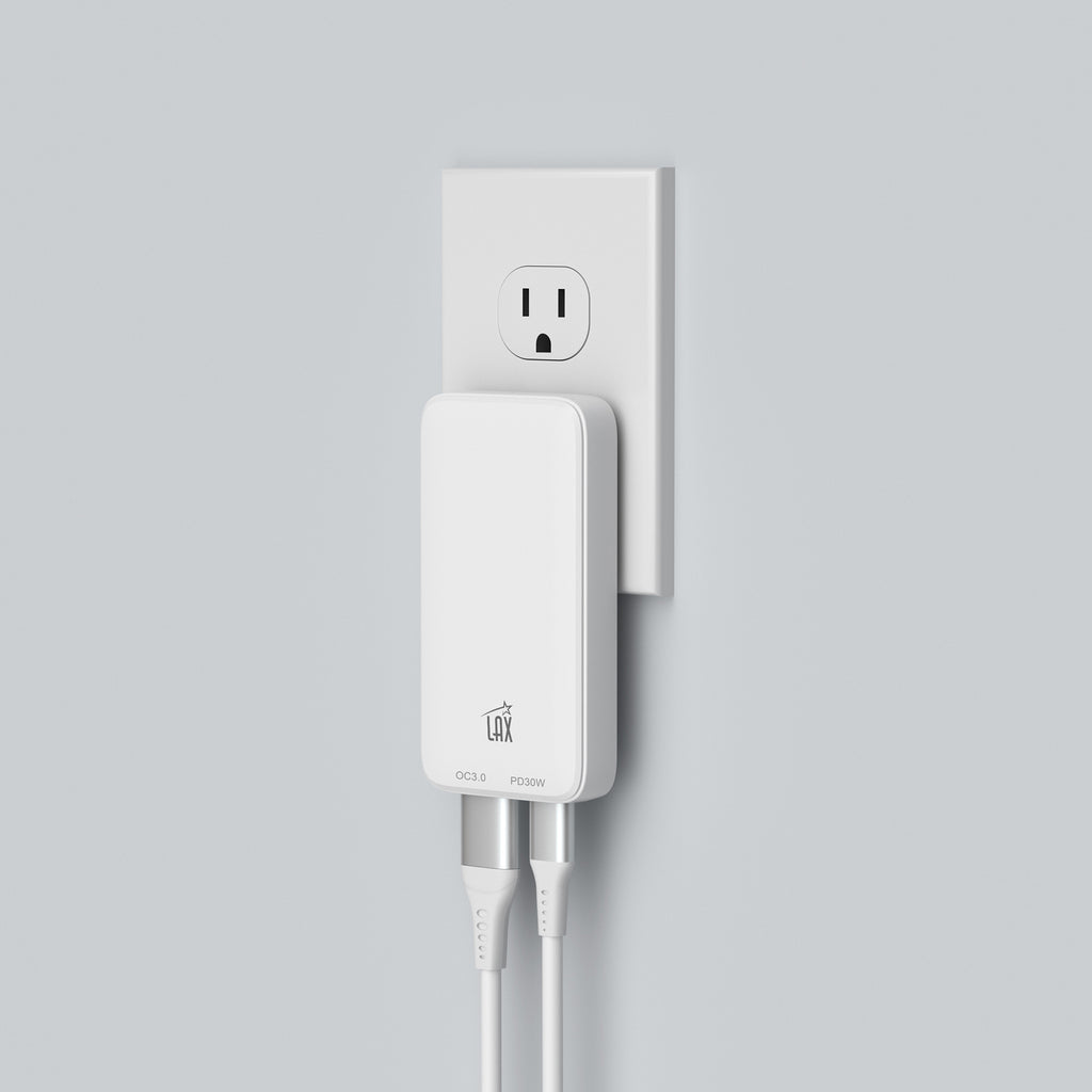 LAX USB C 30W Charger - Thin Flat Dual Port Fast Wall Charger - USB Port for iPhone 14/14 Pro/14 Pro Max, Galaxy, Pixel, iPad Pro, AirPods Pro (White)